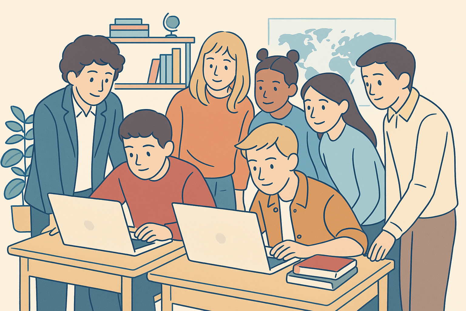 図書館で本を探す学生のイラスト